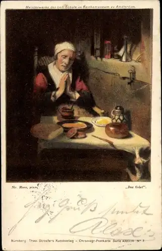 Künstler Ak Das Gebet, Frau am Esstisch