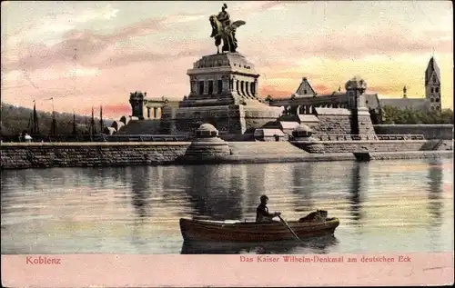 Ak Koblenz am Rhein, Kaiser Wilhelm-Denkmal am deutschen Eck, Boot