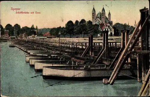 Ak Speyer am Rhein, Schiffbrücke mit Dom