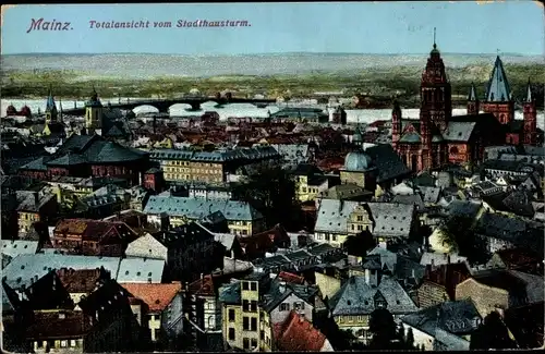 Ak Mainz am Rhein, Totalansicht vom Stadthausturm