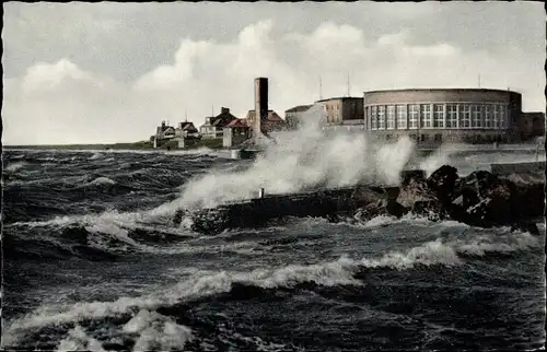 Ak Wilhelmshaven an der Nordsee, Strandhalle und Strandhäuser bei Sturmflut