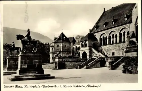 Ak Goslar am Harz, Kaiserpfalz, Barbarossa-Denkmal, Kaiser Wilhelm-Denkmal