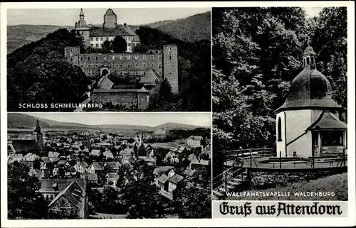 Ak Attendorn im Sauerland, Schloss Schnellenberg, Wallfahrtskapelle Waldenburg, Panorama