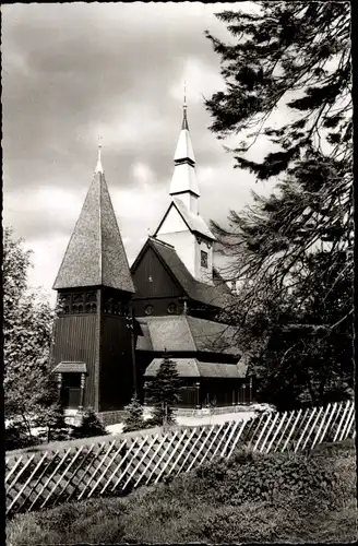 Ak Hahnenklee Bockswiese Goslar im Harz, Gustav-Adolf-Kirche, Nordische Stabkirche