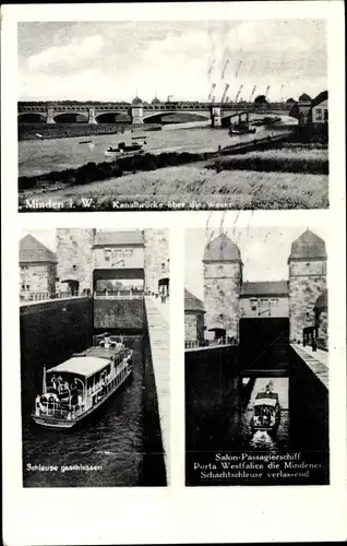 Ak Minden in Westfalen, Kanalbrücke, Salon Passagierschiff Porta Westfalica, Schachtschleuse