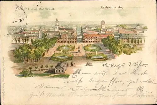 Litho Karlsruhe in Baden, Gesamtansicht der Stadt, Platz mit Brunnen