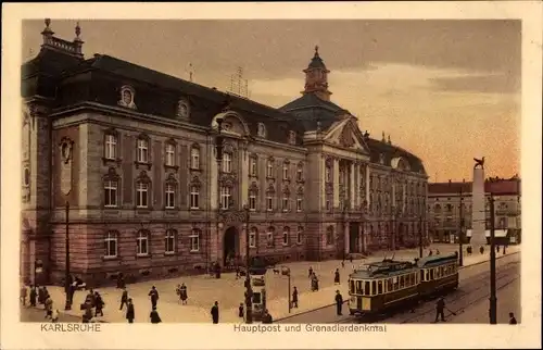 Ak Karlsruhe in Baden, Hauptpost und Grenadierdenkmal, Straßenbahn