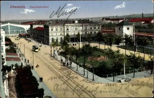 Ak Chemnitz Sachsen, Hauptbahnhof, Straßenbahn, Park, Ottmar Zieher