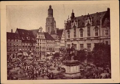 Ak Wrocław Breslau Schlesien, Blick auf den Ring, Kurfürstenseite, Reiterstatue