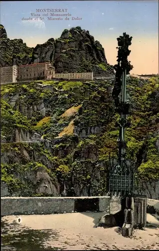 Ak Montserrat Katalonien, Vista del Monasterio desde el 5e. Misterio de Dolor