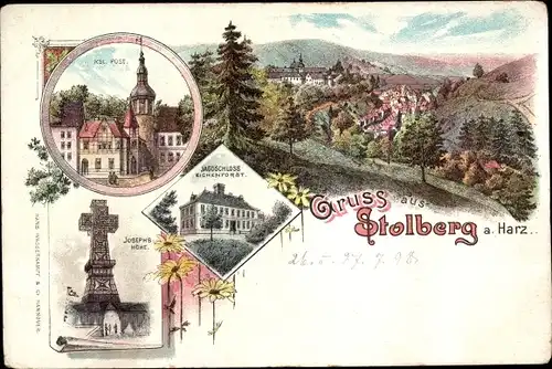 Litho Stolberg Südharz, Kgl. Post, Josephskreuz, Jagdschloss Eichenforst