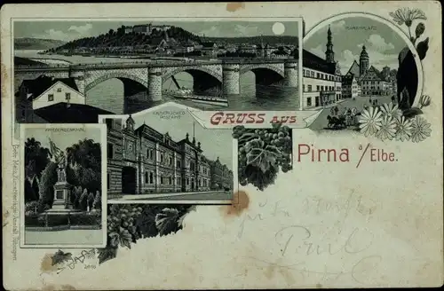 Mondschein Litho Pirna in Sachsen, Brücke, Kriegerdenkmal, Postamt, Marktplatz