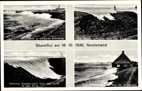 Ak Norderhafen Insel Nordstrand in Nordfriesland, Sturmflut 18.10.1936, Seedeich, Nordhafen