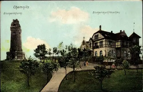 Ak Chemnitz in Sachsen, Bismarckturm, Bismarckschlösschen