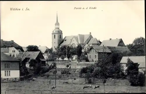 Ak Wilthen in der Oberlausitz, Kirche, Ortspartie