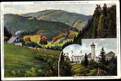 Künstler Ak Klínovec Keilberg Erzgebirge Region Karlsbad, Kaiser Franz Josefs Aussichtsturm