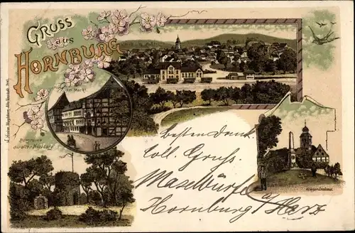 Litho Hornburg Schladen Werla Niedersachsen, Am Markt, Kriegerdenkmal, Burgruine