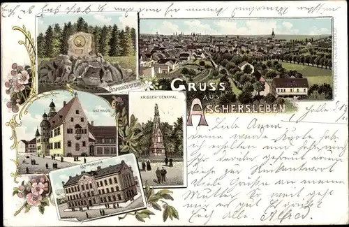 Litho Aschersleben im Salzlandkreis, Gruss, Panorama, Bismarkstein, Gymnasium, Rathaus