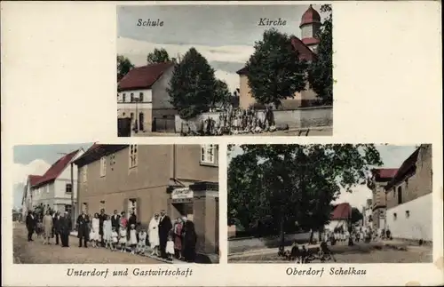 Ak Schelkau Teuchern im Burgenlandkreis, Schule, Gastwirtschaft, Kirche, Oberdorf, Unterdorf