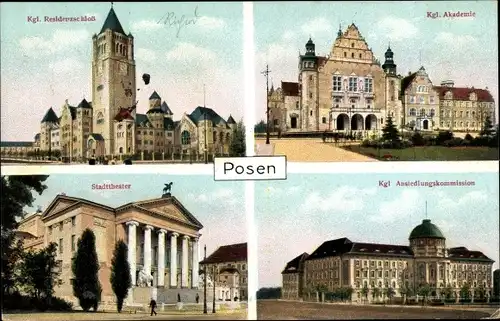 Ak Poznań Posen, Residenzschloss, Akademie, Stadttheater, Ansiedlungskommission