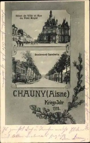 Ak Chauny Aisne, Hotel de Ville et Rue du Pont Royal, Boulevard Gambetta