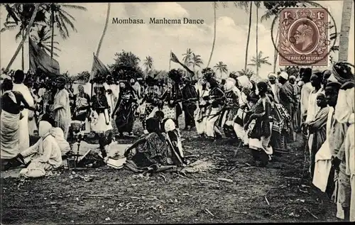 Ak Mombasa Kenia, Manhema Dance, Afrikaner in traditioneller Kleidung, Volkstanz