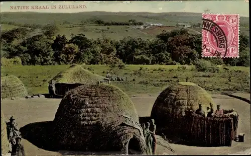 Ak Native Kraal in Zululand, Einheimische, Wohnhäuser aus Stroh