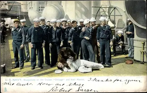 Ak US Navy, Bluejackets on the Criuser Chicago and their Mascot
