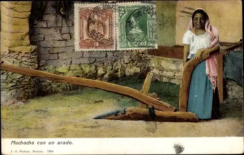 Ak Muchacha con un arado, Mexikanerin, Bäuerin, Pflug, Landwirtschaft