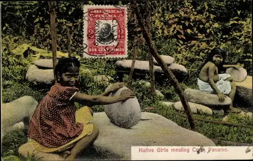 Ak Panama, Native Girls mealing Corn, Kinder mahlen Körner