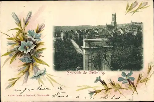 Ak Fribourg Freiburg Stadt Schweiz, Blick auf die Stadt, Brücke, Blaue Blumen