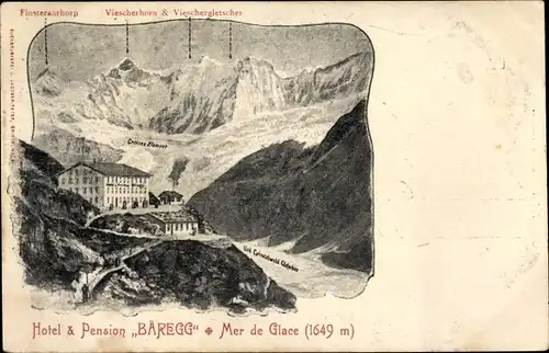 Ak Grindelwald Kanton Bern, Hotel et Pension Bäregg, Mer de Glace, Vieschergletscher