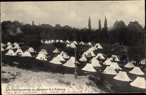 Ak Fribourg Freiburg Stadt Schweiz, Les Cantonnements du Bataillon 9