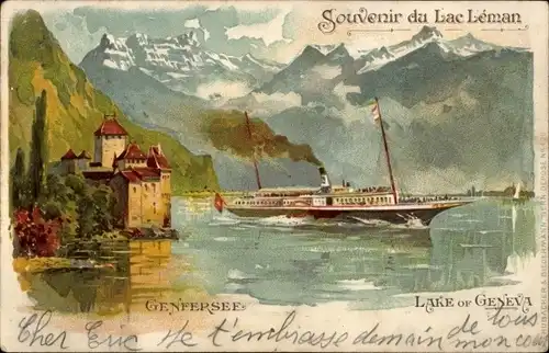 Litho Genf Kanton Schweiz, Lac Leman, Salondampfer