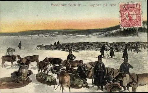 Ak Svenskt folklif, Lappar pa resa, Lappland, Rentierherde, Rentierschlitten