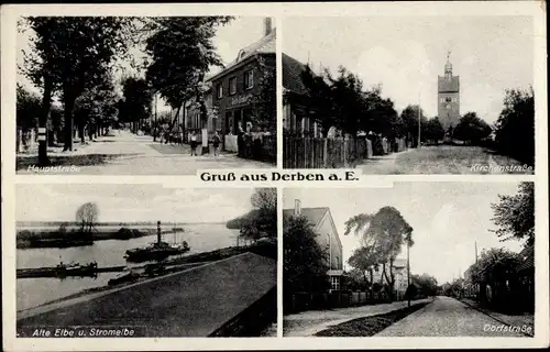 Ak Derben an der Elbe, Kirchenstraße, Stromelbe, Hauptstraße, Dorfstraße