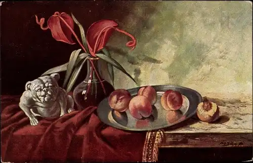 Künstler Ak Bulldogge, Blumenvase, Blumen, Pfirsich