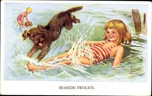 Künstler Ak Couch, G. A., Seaside Frolics, Mädchen im Wasser, Hund, Strandleben