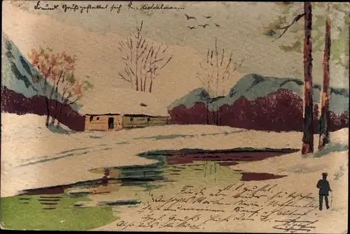 Handgemalt Ak Partie im Dorf, Winterszene, Wohnhaus