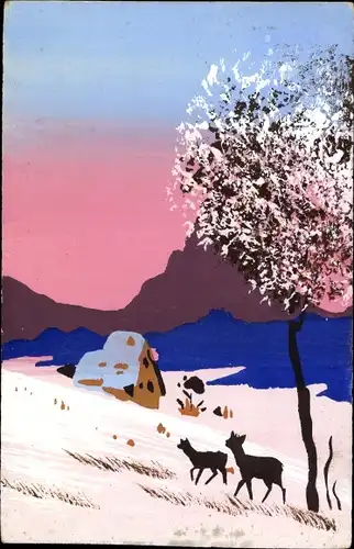 Handgemalt Künstler Ak Grosse, K., Dorfpartie im Winter, Rehe, Verschneiter Baum