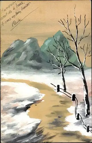 Handgemalt Ak Winterszene, Straße, Zaun, Berge, Verschneite Bäume