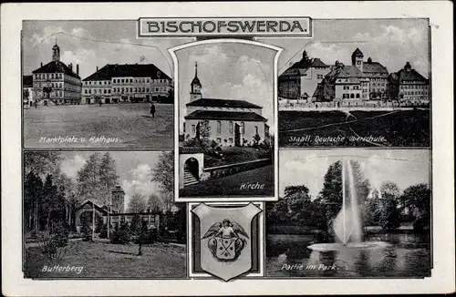 Wappen Ak Bischofswerda in Sachsen, Marktplatz, Rathaus, Kirche, Butterberg, Park, Oberschule