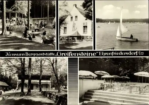 Ak Ehrenfriedersdorf im Erzgebirge, Konsum-Berggaststätte Greifensteine, Terrasse, See mit Booten