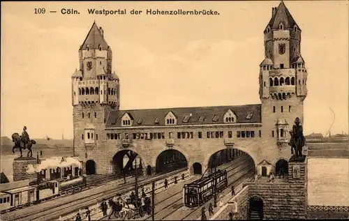 Ak Köln am Rhein, Westportal der Hohenzollernbrücke, Straßenbahn, Eisenbahn