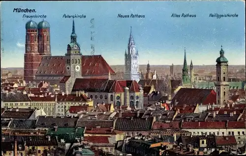 Ak München, Frauenkirche, Peterskirche, Neues Rathaus, Altes Rathaus, Heiliggeistkirche