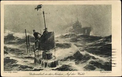 Künstler Ak Unterseeboot in der Nordsee Auf der Wacht, Kaiserliche Marine