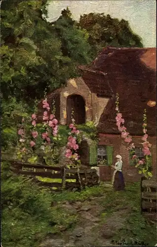 Künstler Ak Müller, Peter Paul, Stockrosen blühen vor einem Bauernhaus