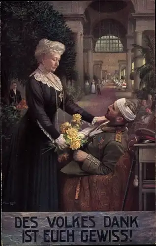 Künstler Ak Fischer, Des Volkes Dank ist euch gewiss,Kaiserin Auguste Viktoria besucht Kriegsveteran