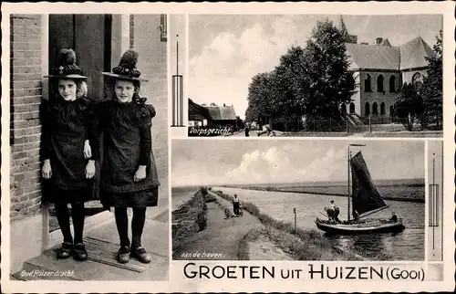 Ak Huizen Nordholland Niederlande, Dorpsgezicht, aan de haven, Mädchen in Tracht