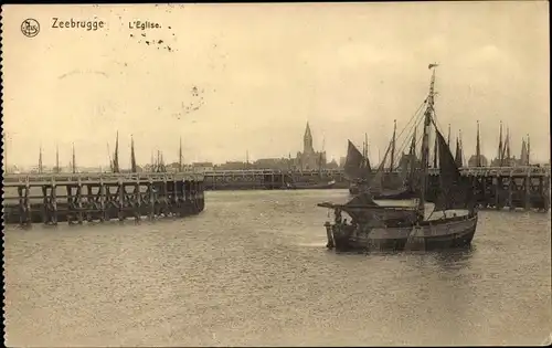 Ak Zeebrugge Westflandern, L'Eglise, Segelboot